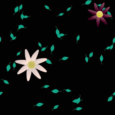 Basit çiçek ve yeşil yapraklı tasarım kompozisyonu, vektör illüstrasyonu