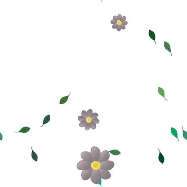 Basit renkli çiçekleri ve arka planda yeşil yaprakları olan güzel kompozisyon, vektör illüstrasyonu