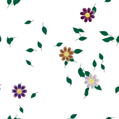 Basit renkli çiçekleri ve arka planda yeşil yaprakları olan güzel kompozisyon, vektör illüstrasyonu