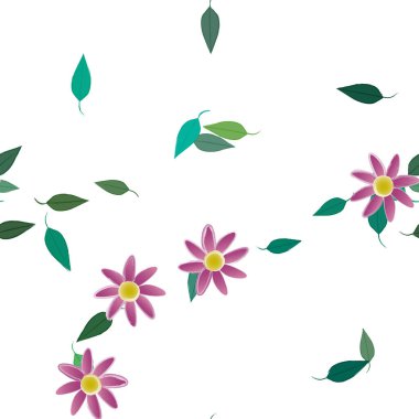 Basit renkli çiçekleri ve arka planda yeşil yaprakları olan güzel kompozisyon, vektör illüstrasyonu