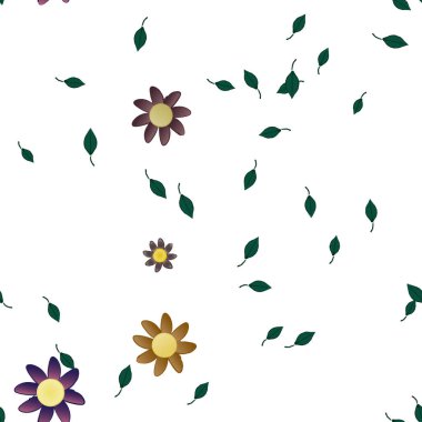 basit renkli çiçekleri olan serbest kompozisyon ve duvar kağıdı için yeşil yapraklar, vektör illüstrasyonu