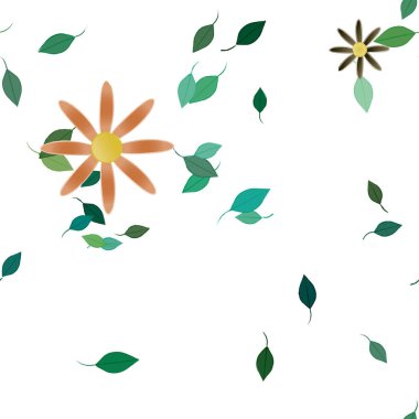 Serbest kompozisyonda yeşil yapraklı basit çiçekler, vektör illüstrasyonu