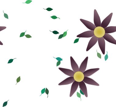 Basit renkli çiçekleri ve arka planda yeşil yaprakları olan güzel kompozisyon, vektör illüstrasyonu