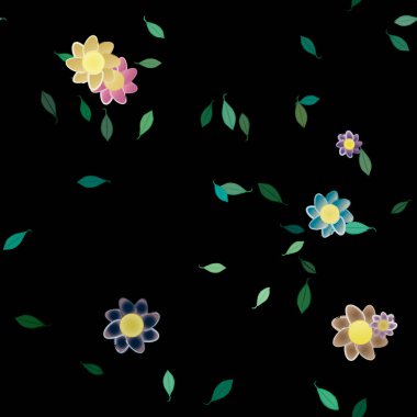 Serbest kompozisyonda yeşil yapraklı basit çiçekler, vektör illüstrasyonu