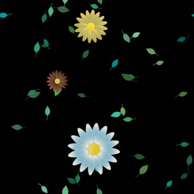 Basit renkli çiçekleri ve arka planda yeşil yaprakları olan güzel kompozisyon, vektör illüstrasyonu