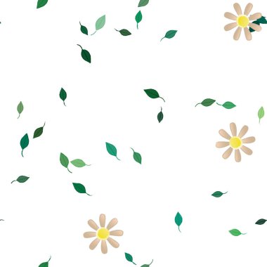 Basit renkli çiçekleri ve arka planda yeşil yaprakları olan güzel kompozisyon, vektör illüstrasyonu