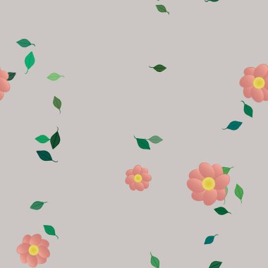 Basit renkli çiçekleri ve arka planda yeşil yaprakları olan güzel kompozisyon, vektör illüstrasyonu