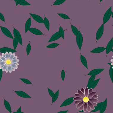 Basit renkli çiçekleri ve arka planda yeşil yaprakları olan güzel kompozisyon, vektör illüstrasyonu