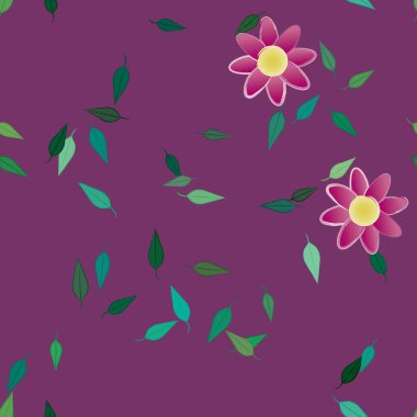 basit renkli çiçekleri olan serbest kompozisyon ve duvar kağıdı için yeşil yapraklar, vektör illüstrasyonu