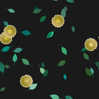 Serbest kompozisyonda yeşil yapraklı basit çiçekler, vektör illüstrasyonu