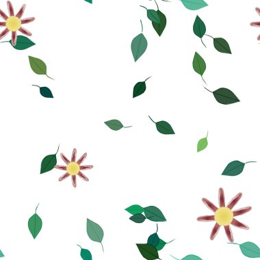 Serbest kompozisyonda yeşil yapraklı basit çiçekler, vektör illüstrasyonu