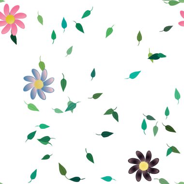 Serbest kompozisyonda yeşil yapraklı basit çiçekler, vektör illüstrasyonu