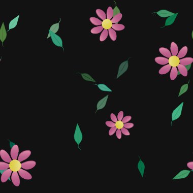 arkaplanda renkli çiçekler ve yeşil yapraklar, vektör illüstrasyonu