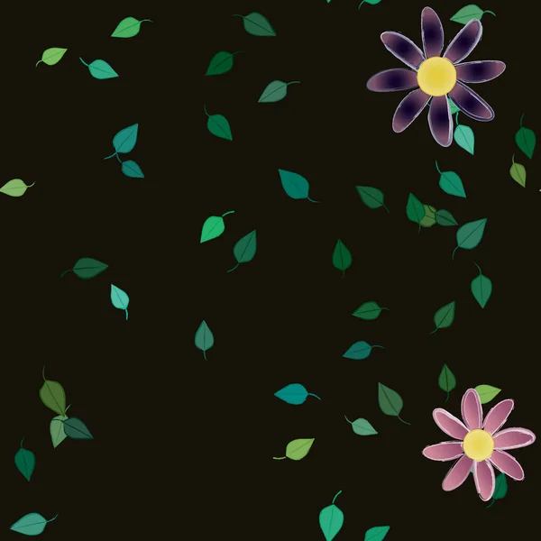 Composição Bonita Com Flores Coloridas Simples Folhas Verdes Fundo Preto —  Vetores de Stock