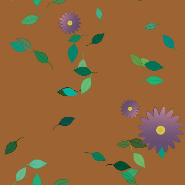 Vacker Komposition Med Enkla Färgade Blommor Och Gröna Blad Brun — Stock vektor