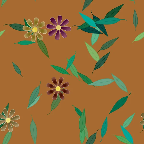 Plantilla Vector Con Flores Coloridas Simples Hojas Verdes — Archivo Imágenes Vectoriales