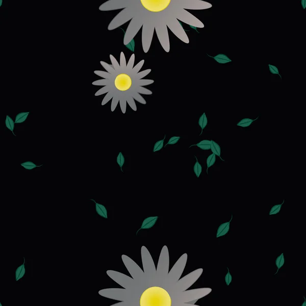 Mooie Compositie Met Eenvoudige Gekleurde Bloemen Groene Bladeren Zwarte Achtergrond — Stockvector