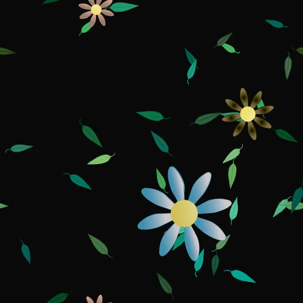 vector template with simple colorful flowers and green leaves