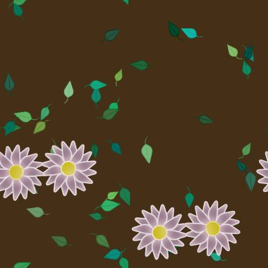 basit renkli çiçekleri olan serbest kompozisyon ve duvar kağıdı için yeşil yapraklar, vektör illüstrasyonu