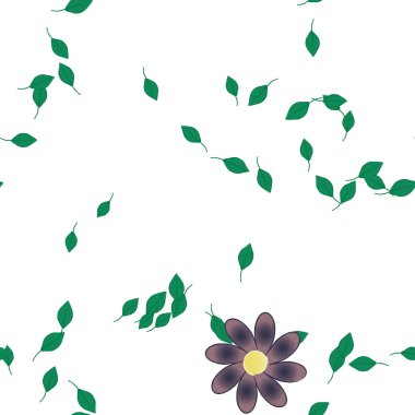 basit renkli çiçekleri olan serbest kompozisyon ve duvar kağıdı için yeşil yapraklar, vektör illüstrasyonu