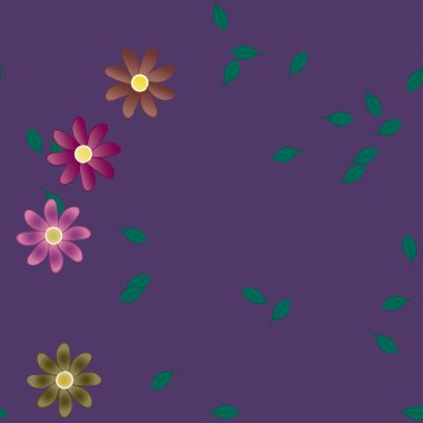 basit renkli çiçekleri olan serbest kompozisyon ve duvar kağıdı için yeşil yapraklar, vektör illüstrasyonu