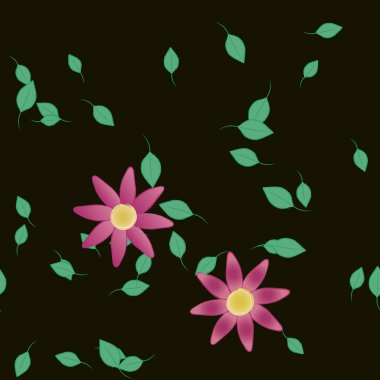 Serbest kompozisyonda yeşil yapraklı basit çiçekler, vektör illüstrasyonu