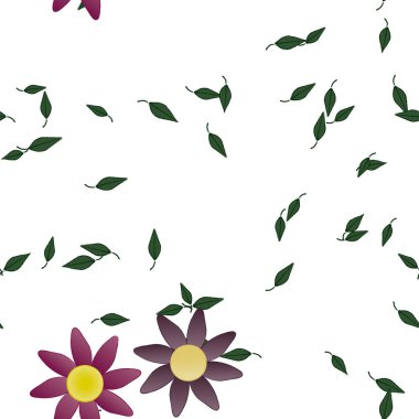 basit renkli çiçekleri olan serbest kompozisyon ve duvar kağıdı için yeşil yapraklar, vektör illüstrasyonu