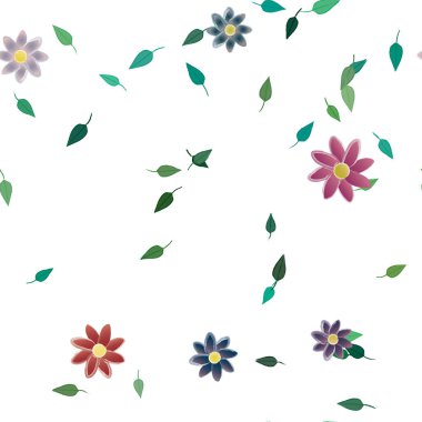 Basit renkli çiçekleri ve arka planda yeşil yaprakları olan güzel kompozisyon, vektör illüstrasyonu