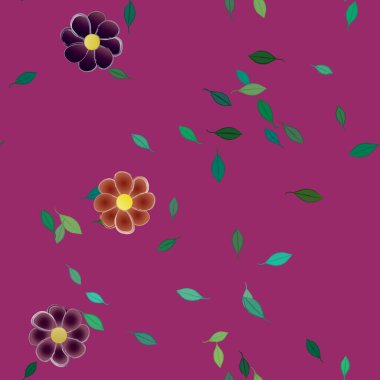 Serbest kompozisyonda yeşil yapraklı basit çiçekler, vektör illüstrasyonu