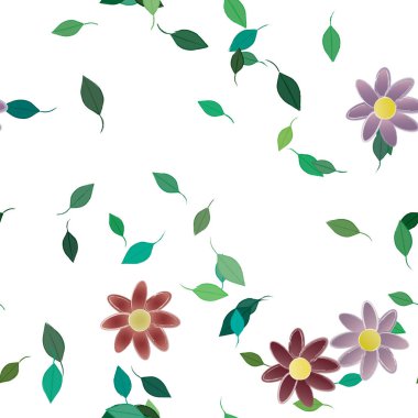 Serbest kompozisyonda yeşil yapraklı basit çiçekler, vektör illüstrasyonu