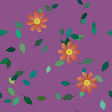 Basit renkli çiçekleri ve arka planda yeşil yaprakları olan güzel kompozisyon, vektör illüstrasyonu