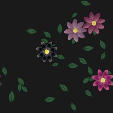 Basit renkli çiçekleri ve arka planda yeşil yaprakları olan güzel kompozisyon, vektör illüstrasyonu