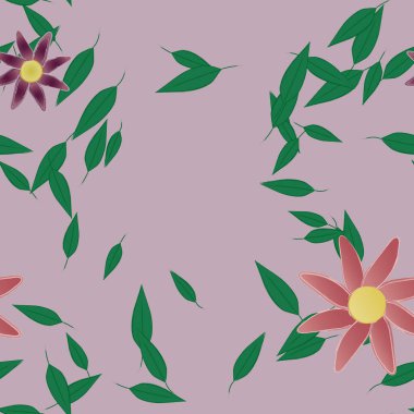 Serbest kompozisyonda yeşil yapraklı basit çiçekler, vektör illüstrasyonu