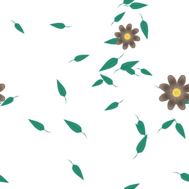 Basit renkli çiçekleri ve arka planda yeşil yaprakları olan güzel kompozisyon, vektör illüstrasyonu