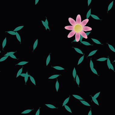 Basit renkli çiçekleri ve arka planda yeşil yaprakları olan güzel kompozisyon, vektör illüstrasyonu