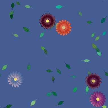 basit renkli çiçekleri olan serbest kompozisyon ve duvar kağıdı için yeşil yapraklar, vektör illüstrasyonu