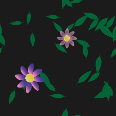 Basit renkli çiçekleri ve arka planda yeşil yaprakları olan güzel kompozisyon, vektör illüstrasyonu