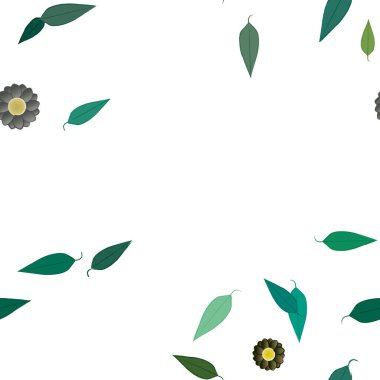 basit renkli çiçekleri olan serbest kompozisyon ve duvar kağıdı için yeşil yapraklar, vektör illüstrasyonu