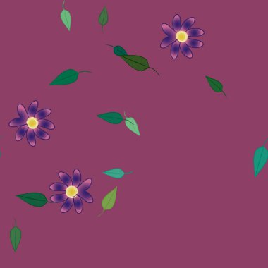 Basit renkli çiçekleri ve arka planda yeşil yaprakları olan güzel kompozisyon, vektör illüstrasyonu