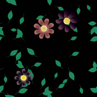 Basit renkli çiçekleri ve arka planda yeşil yaprakları olan güzel kompozisyon, vektör illüstrasyonu