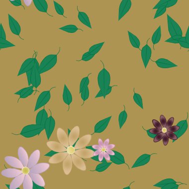 Basit renkli çiçekleri ve arka planda yeşil yaprakları olan güzel kompozisyon, vektör illüstrasyonu