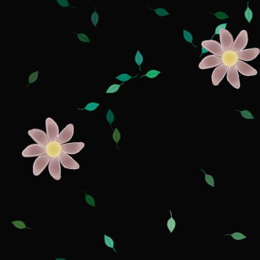 Basit renkli çiçekleri ve arka planda yeşil yaprakları olan güzel kompozisyon, vektör illüstrasyonu