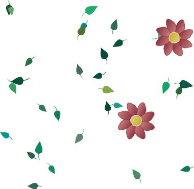 Serbest kompozisyonda yeşil yapraklı basit çiçekler, vektör illüstrasyonu