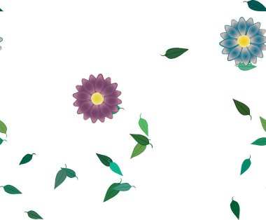 Basit renkli çiçekleri ve arka planda yeşil yaprakları olan güzel kompozisyon, vektör illüstrasyonu