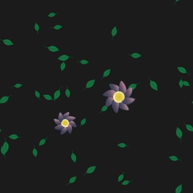 Basit renkli çiçekleri ve arka planda yeşil yaprakları olan güzel kompozisyon, vektör illüstrasyonu