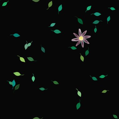 basit renkli çiçekleri olan serbest kompozisyon ve duvar kağıdı için yeşil yapraklar, vektör illüstrasyonu