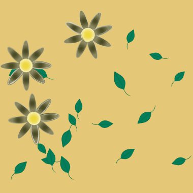 Serbest kompozisyonda yeşil yapraklı basit çiçekler, vektör illüstrasyonu