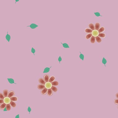 Basit renkli çiçekleri ve arka planda yeşil yaprakları olan güzel kompozisyon, vektör illüstrasyonu