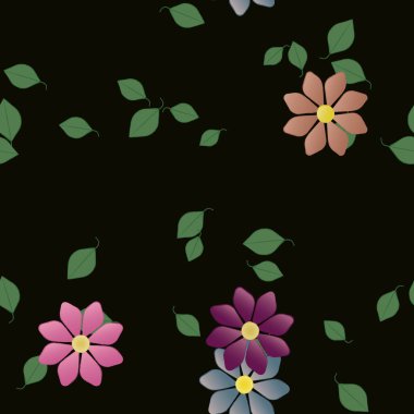 basit renkli çiçekleri olan serbest kompozisyon ve duvar kağıdı için yeşil yapraklar, vektör illüstrasyonu