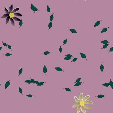 Basit renkli çiçekleri ve arka planda yeşil yaprakları olan güzel kompozisyon, vektör illüstrasyonu